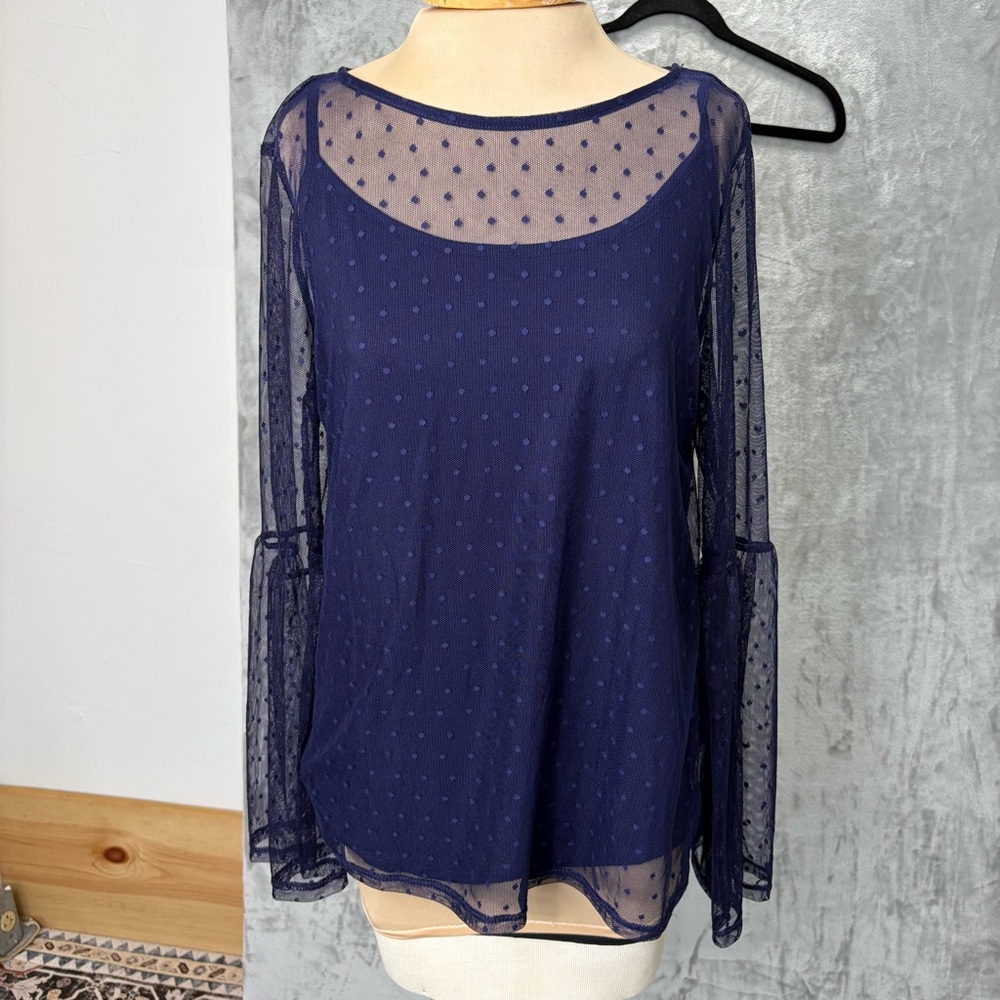 Navy Sheer Polka Dot Bell Sleeve Blouse Sz L Romantic‎ Whimsigoth Dainty